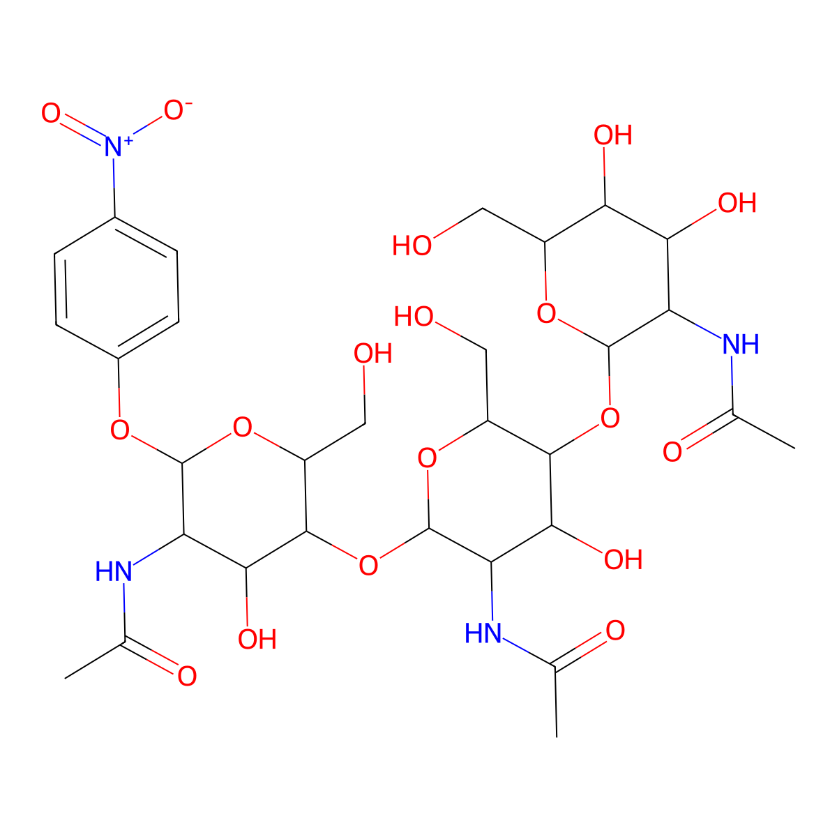 4-Nitrophenyl 2-acetamido-2-deoxyhexopyranosyl-(1->4)-2-acetamido-2-deoxyhexopyranosyl-(1->4)-2-acetamido-2-deoxyhexopyranoside molecular structure, CAS 7699-38-9