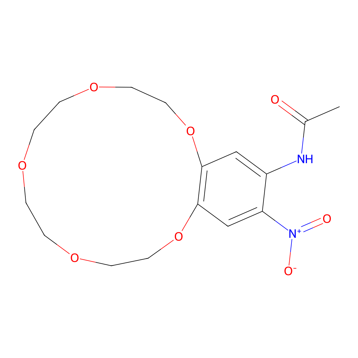 N-(16-nitro-2,3,5,6,8,9,11,12-octahydro-1,4,7,10,13-benzopentaoxacyclopentadecin-15-yl)acetamide molecular structure, CAS 77001-49-1