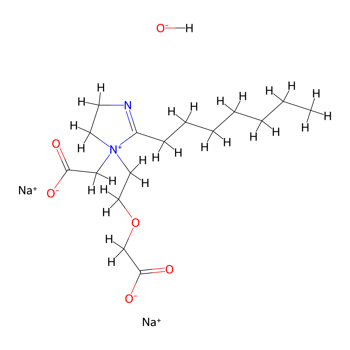 1h-imidazolium, 1-(2-(carboxymethoxy)ethyl)-1-(carboxymethyl)-2-heptyl-4,5-dihydro-, hydroxide, disodium salt molecular structure, CAS 7702-01-4