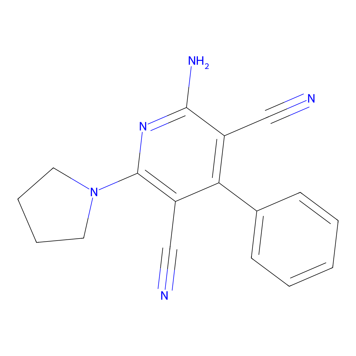 2-Amino-4-phenyl-6-(pyrrolidin-1-yl)pyridine-3,5-dicarbonitrile molecular structure, CAS 77034-27-6