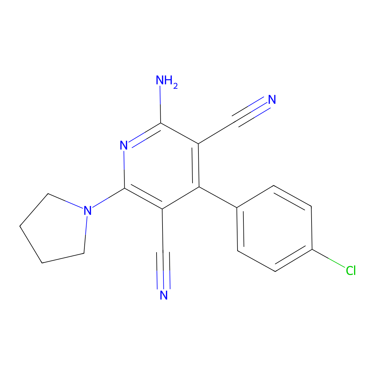 2-Amino-4-(4-chlorophenyl)-6-pyrrolidin-1-ylpyridine-3,5-dicarbonitrile molecular structure, CAS 77034-29-8