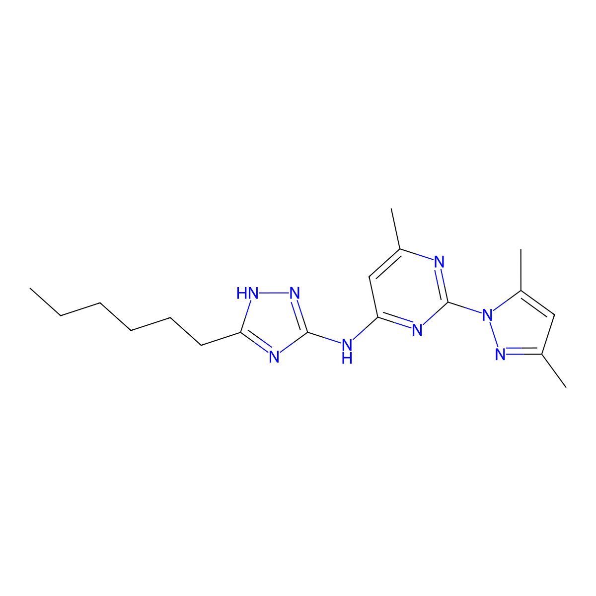 2-(3,5-Dimethyl-1H-pyrazol-1-yl)-N-(3-hexyl-1H-1,2,4-triazol-5-yl)-6-methyl-4-pyrimidinamine molecular structure, CAS 77077-43-1