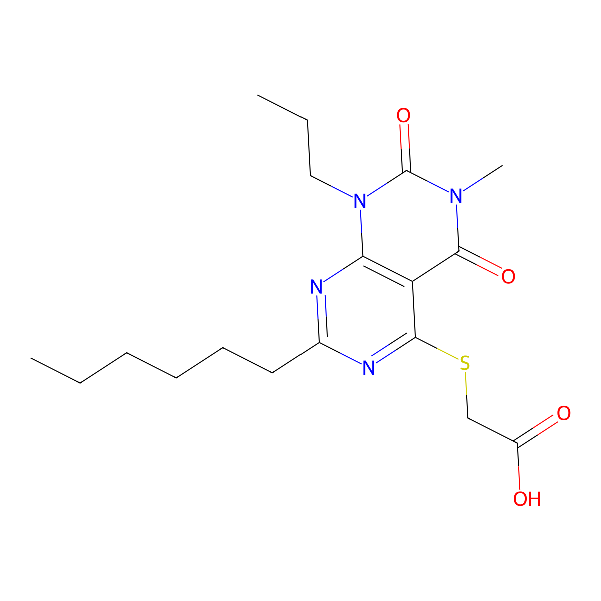 2-({2-hexyl-6-methyl-5,7-dioxo-8-propyl-5H,6H,7H,8H-pyrimido[4,5-d][1,3]diazin-4-yl}sulfanyl)acetic acid molecular structure, CAS 771499-27-5