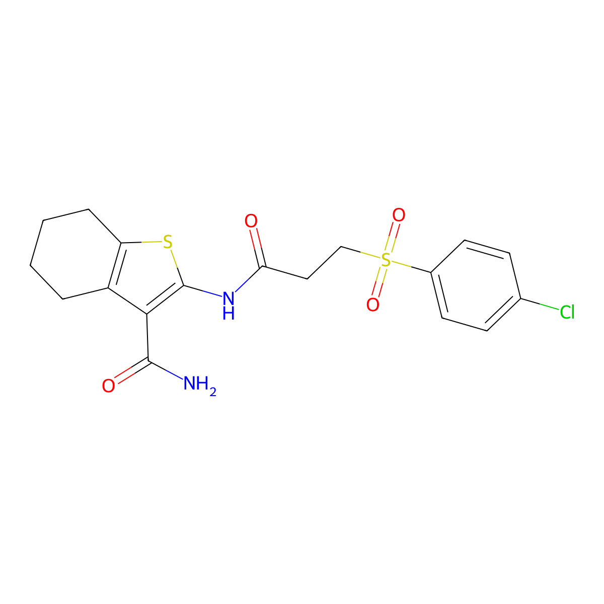 2-(3-((4-Chlorophenyl)sulfonyl)propanamido)-4,5,6,7-tetrahydrobenzo[b]thiophene-3-carboxamide molecular structure, CAS 771506-62-8