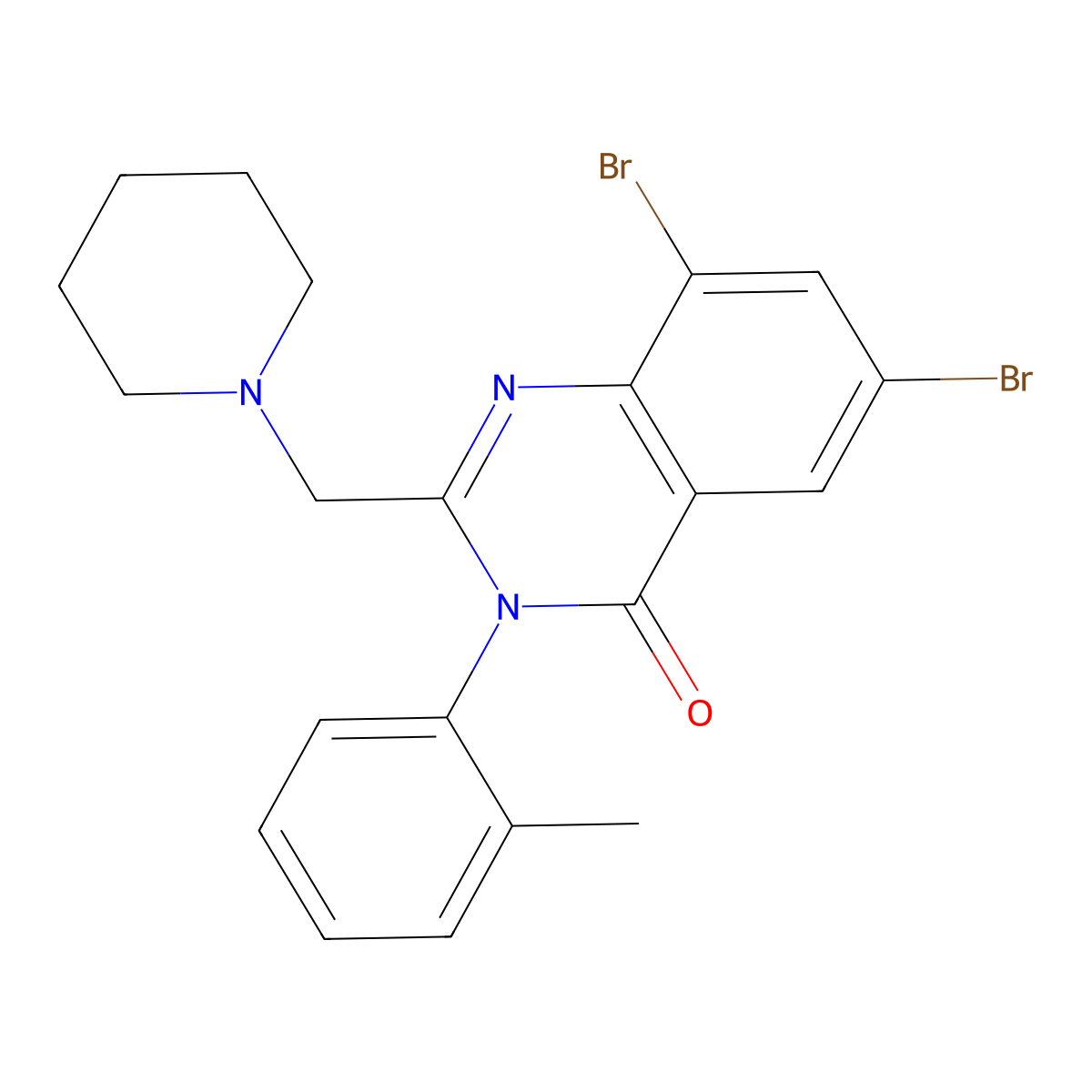 4(3H)-Quinazolinone, 6,8-dibromo-3-(2-methylphenyl)-2-(1-piperidinylmethyl)- molecular structure, CAS 77161-23-0