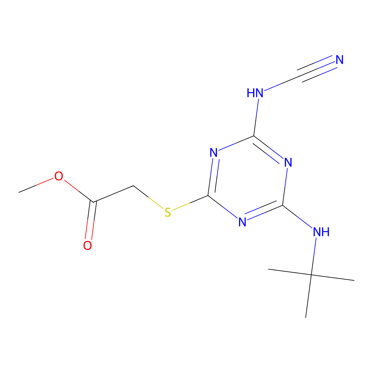 Methyl 2-[[4-(tert-butylamino)-6-(cyanoamino)-1,3,5-triazin-2-yl]sulfanyl]acetate molecular structure, CAS 77177-78-7