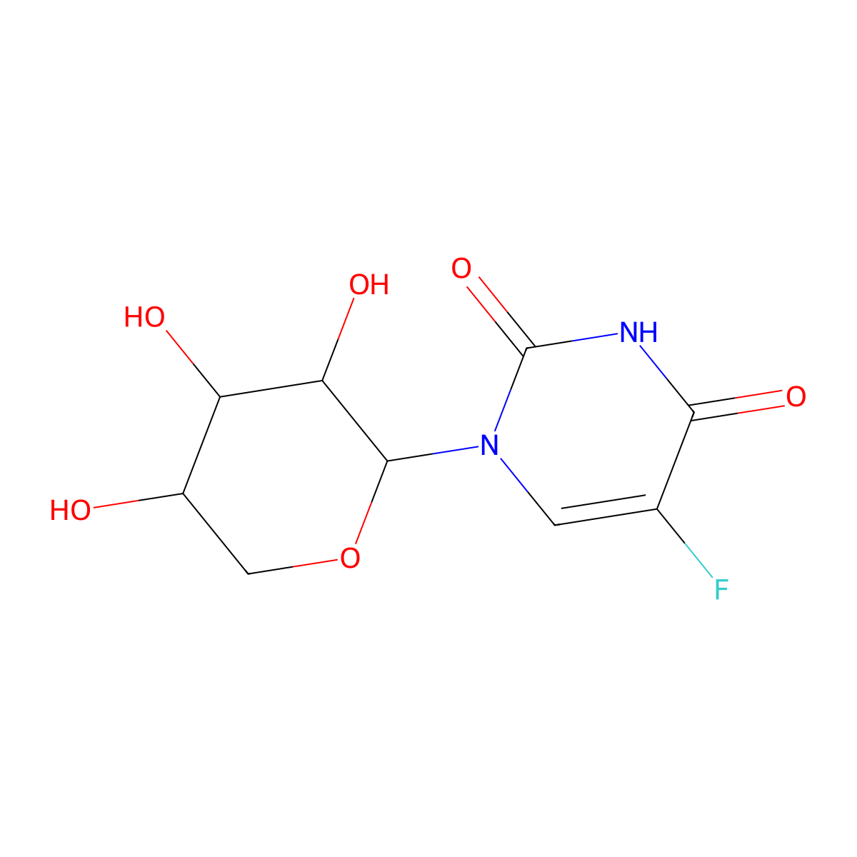 5-Fluoro-1-((2R,3R,4R,5R)-3,4,5-trihydroxytetrahydro-2H-pyran-2-yl)pyrimidine-2,4(1H,3H)-dione molecular structure, CAS 77180-80-4