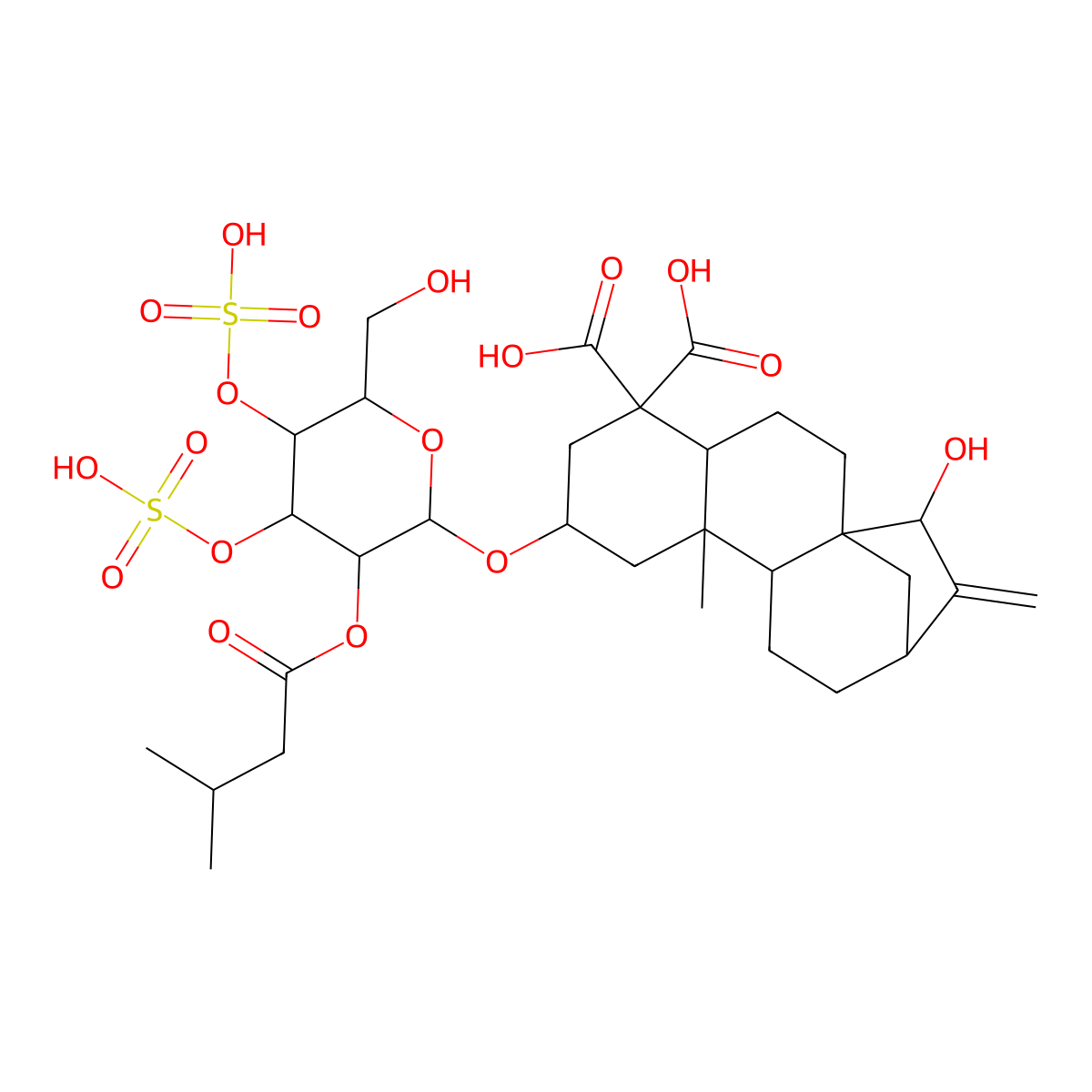 (1S,4R,7S,9R,10R,13R,15S)-15-hydroxy-7-[(2R,3R,4R,5R,6R)-6-(hydroxymethyl)-3-(3-methylbutanoyloxy)-4,5-disulfooxyoxan-2-yl]oxy-9-methyl-14-methylidenetetracyclo[11.2.1.01,10.04,9]hexadecane-5,5-dicarboxylic acid molecular structure, CAS 77228-71-8