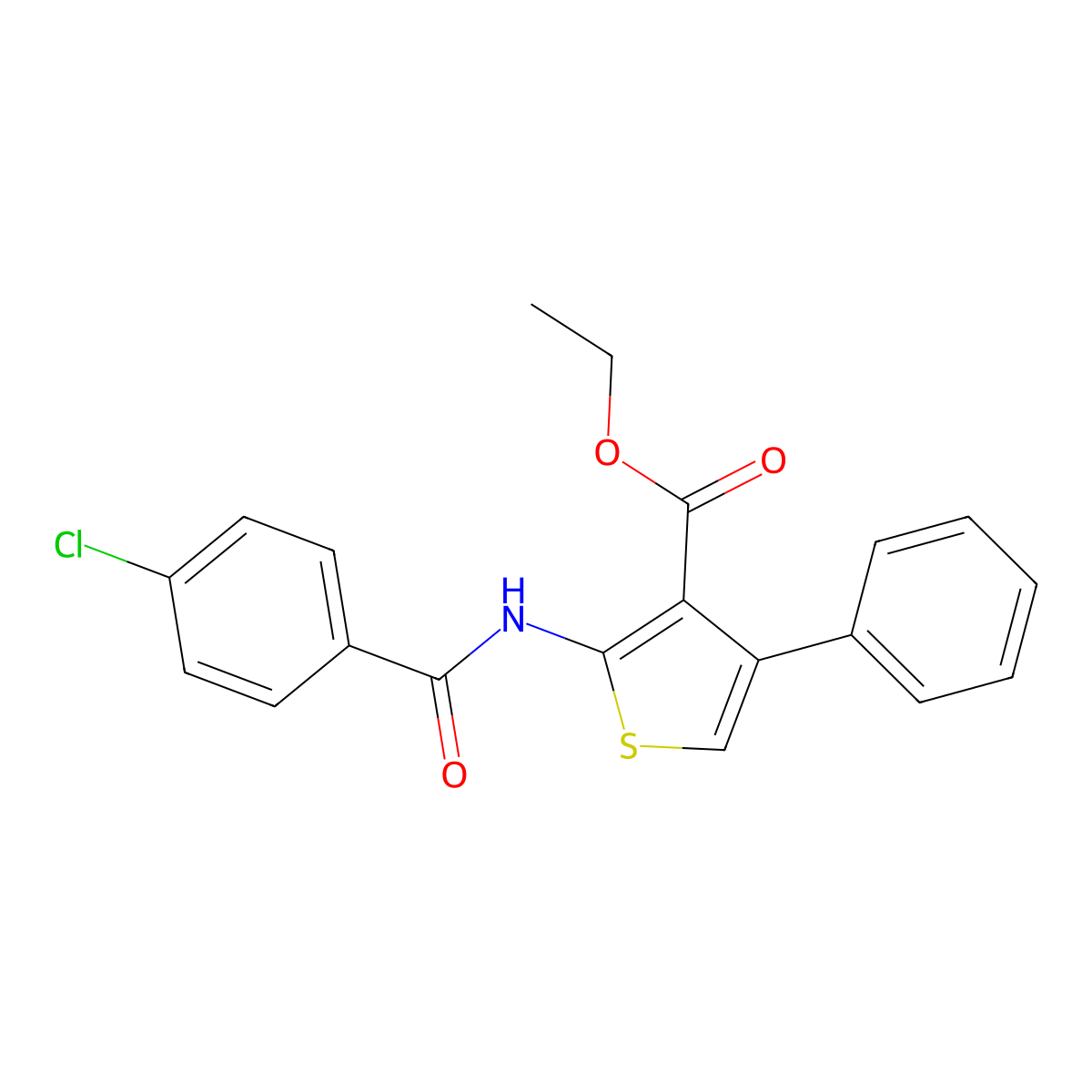 3-Thiophenecarboxylic acid, 2-((4-chlorobenzoyl)amino)-4-phenyl-, ethyl ester molecular structure, CAS 77261-20-2