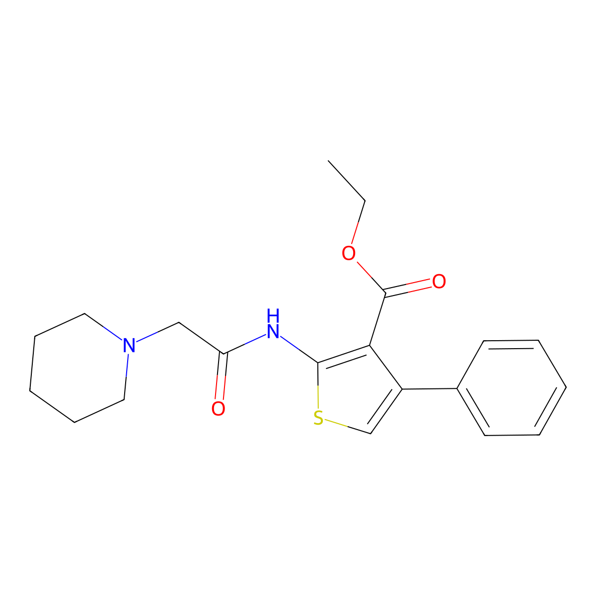 Ethyl 4-phenyl-2-((2-(1-piperidinyl)acetyl)amino)-3-thiophenecarboxylate molecular structure, CAS 77261-22-4