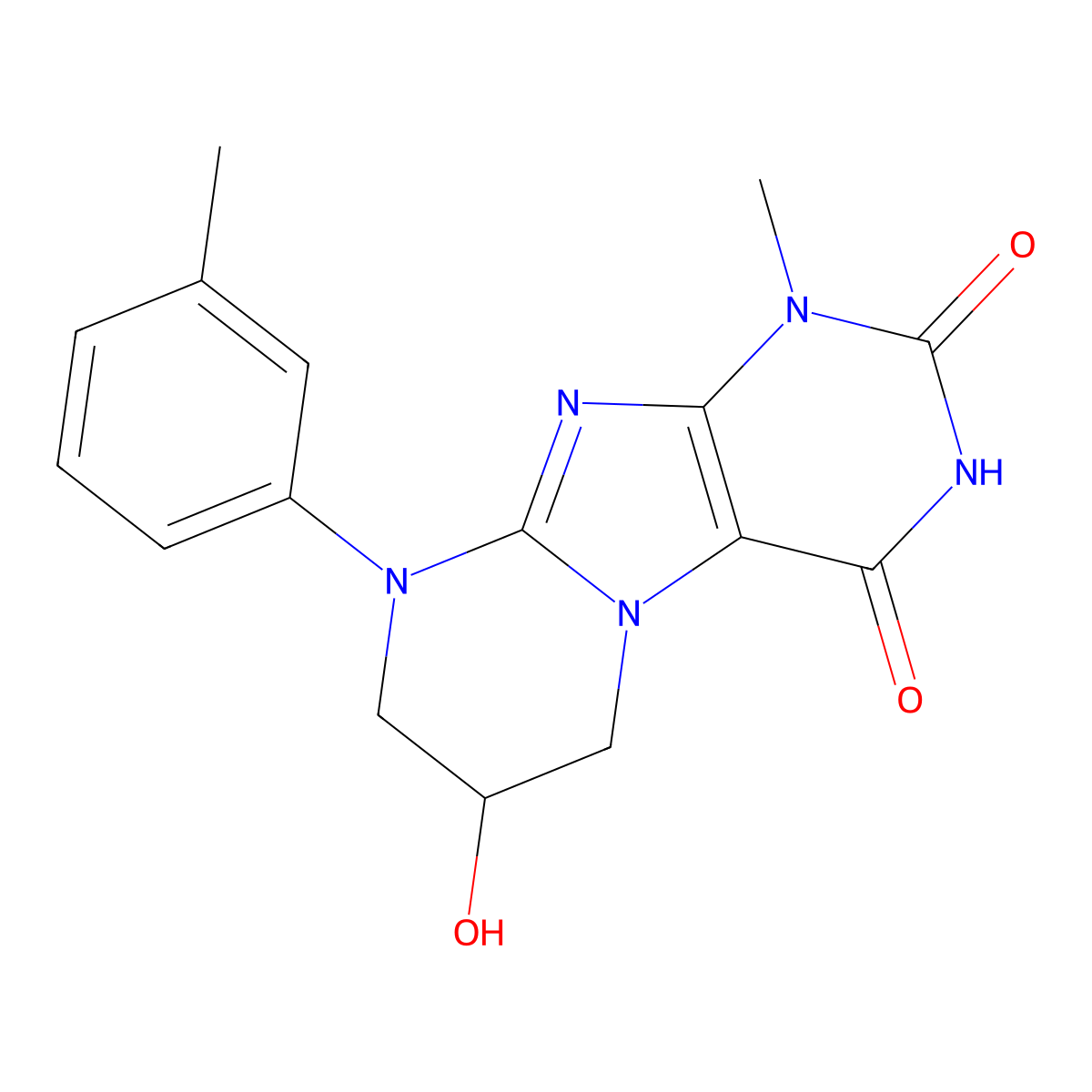 4,7-dihydroxy-1-methyl-9-(3-methylphenyl)-6,7,8,9-tetrahydropyrimido[2,1-f]purin-2(1H)-one molecular structure, CAS 77351-02-1