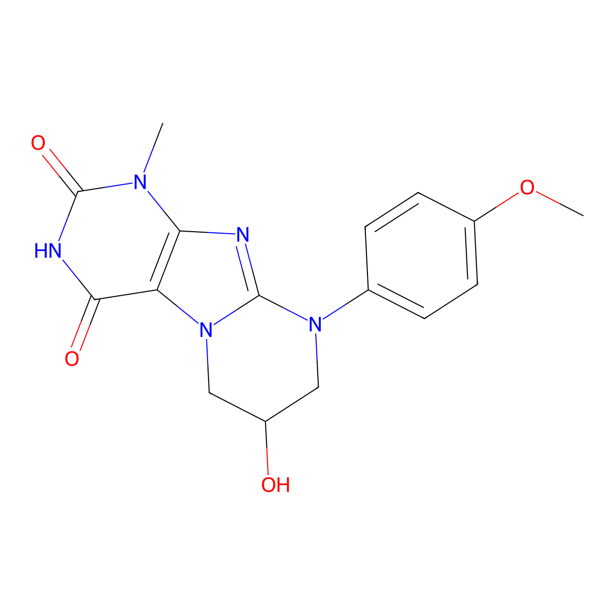 7-hydroxy-9-(4-methoxyphenyl)-1-methyl-6,7,8,9-tetrahydropyrimido[2,1-f]purine-2,4(1H,3H)-dione molecular structure, CAS 77351-06-5