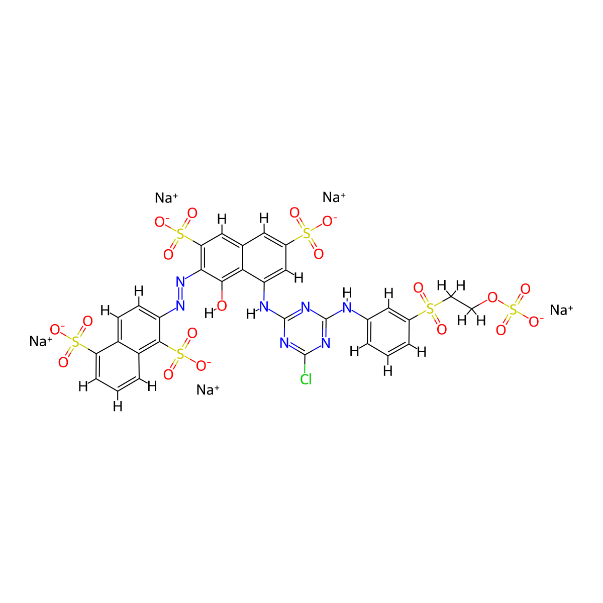 1,5-Naphthalenedisulfonic acid, 2-[2-[8-[[4-chloro-6-[[3-[[2-(sulfooxy)ethyl]sulfonyl]phenyl]amino]-1,3,5-triazin-2-yl]amino]-1-hydroxy-3,6-disulfo-2-naphthalenyl]diazenyl]-, sodium salt (1:5) molecular structure, CAS 77365-64-1