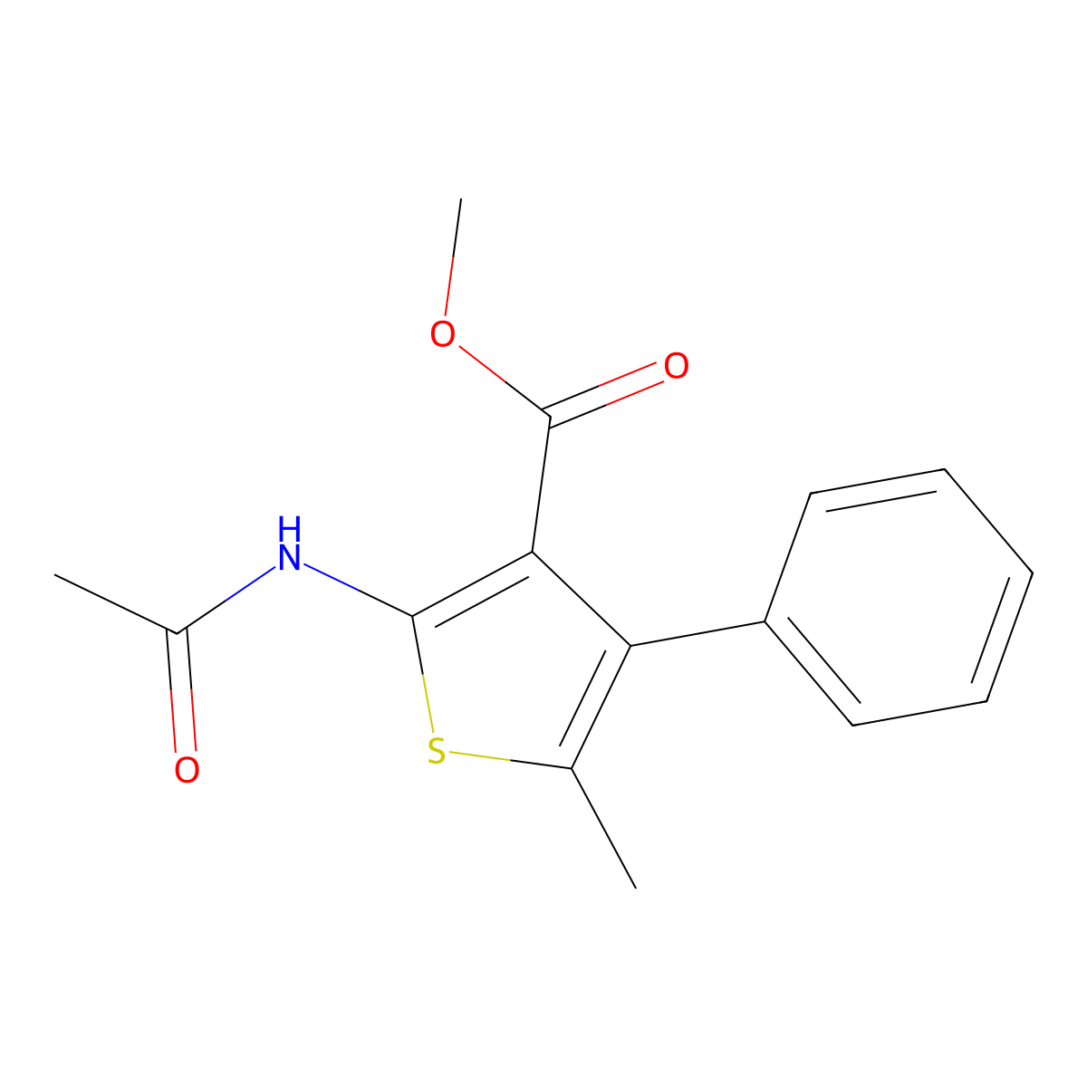 Methyl 2-acetamido-5-methyl-4-phenylthiophene-3-carboxylate molecular structure, CAS 773860-63-2