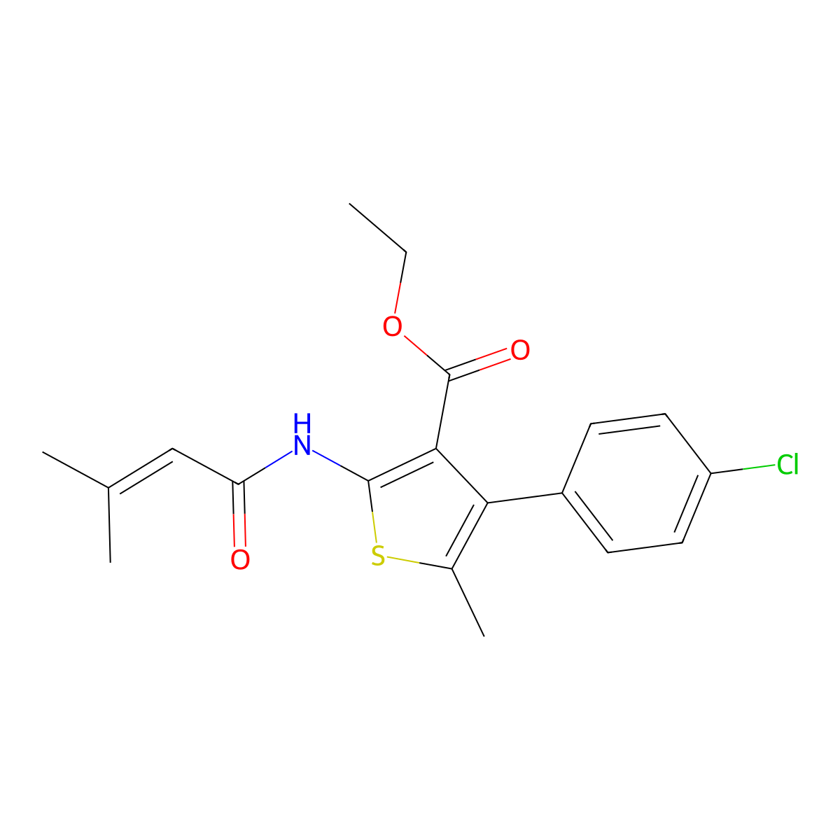 Ethyl 4-(4-chlorophenyl)-5-methyl-2-(3-methylbut-2-enamido)thiophene-3-carboxylate molecular structure, CAS 773861-08-8