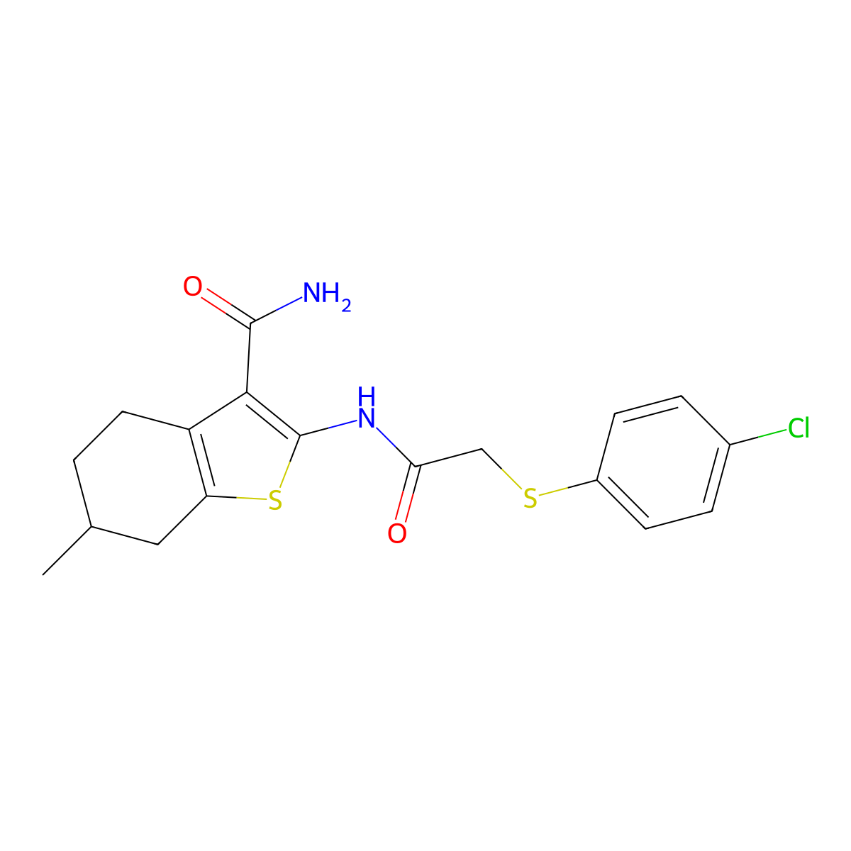 2-(2-((4-Chlorophenyl)thio)acetamido)-6-methyl-4,5,6,7-tetrahydrobenzo[b]thiophene-3-carboxamide molecular structure, CAS 773864-85-0