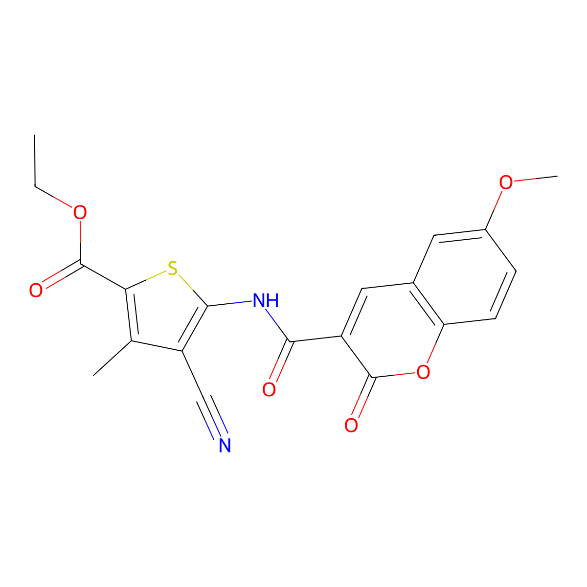 Ethyl 4-cyano-5-[(6-methoxy-2-oxochromene-3-carbonyl)amino]-3-methylthiophene-2-carboxylate molecular structure, CAS 773865-28-4