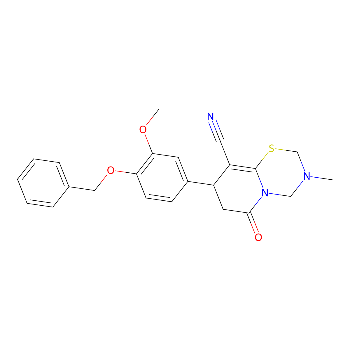 3,4,7,8-Tetrahydro-8-(3-methoxy-4-(phenylmethoxy)phenyl)-3-methyl-6-oxo-2H,6H-pyrido(2,1-b)-1,3,5-thiadiazine-9-carbonitrile molecular structure, CAS 773865-49-9