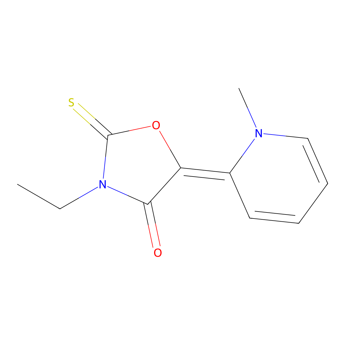 3-Ethyl-5-(1-methylpyridin-2-ylidene)-2-sulfanylidene-1,3-oxazolidin-4-one molecular structure, CAS 77409-56-4