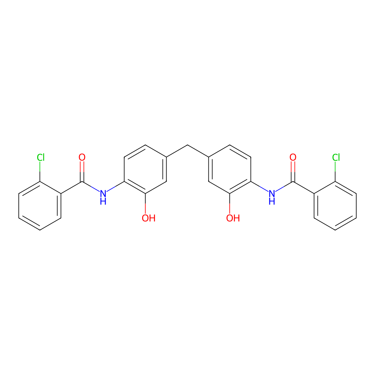 2-chloro-N-[4-[[4-[(2-chlorobenzoyl)amino]-3-hydroxyphenyl]methyl]-2-hydroxyphenyl]benzamide molecular structure, CAS 774184-06-4