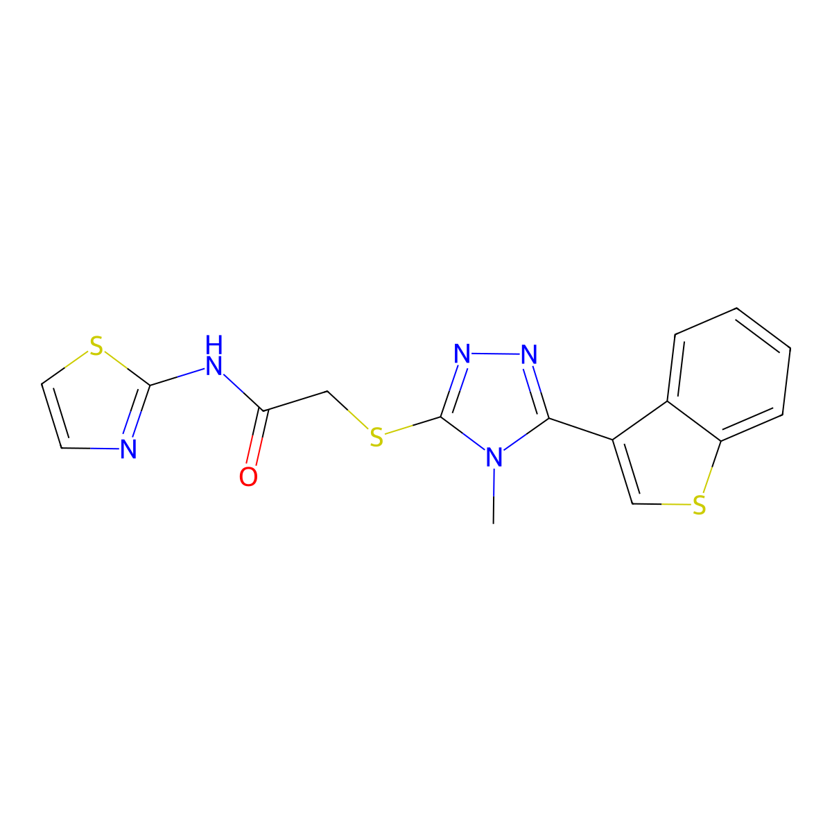 2-{[5-(1-benzothiophen-3-yl)-4-methyl-4H-1,2,4-triazol-3-yl]sulfanyl}-N-(1,3-thiazol-2-yl)acetamide molecular structure, CAS 774189-35-4