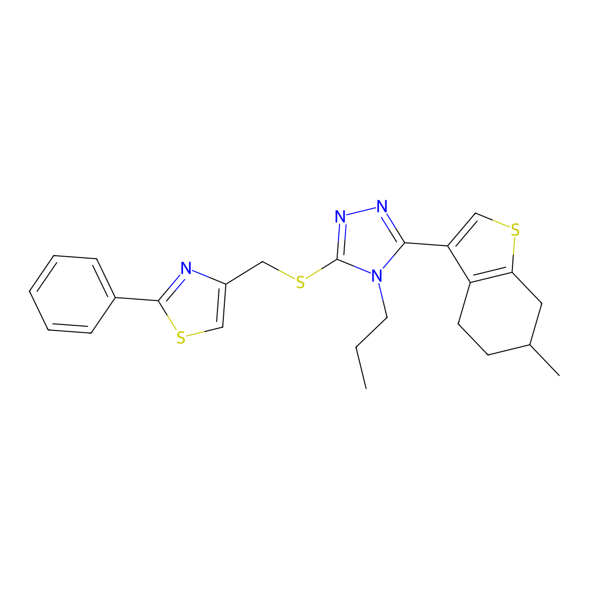 3-(6-methyl-4,5,6,7-tetrahydro-1-benzothiophen-3-yl)-5-{[(2-phenyl-1,3-thiazol-4-yl)methyl]sulfanyl}-4-propyl-4H-1,2,4-triazole molecular structure, CAS 774191-42-3
