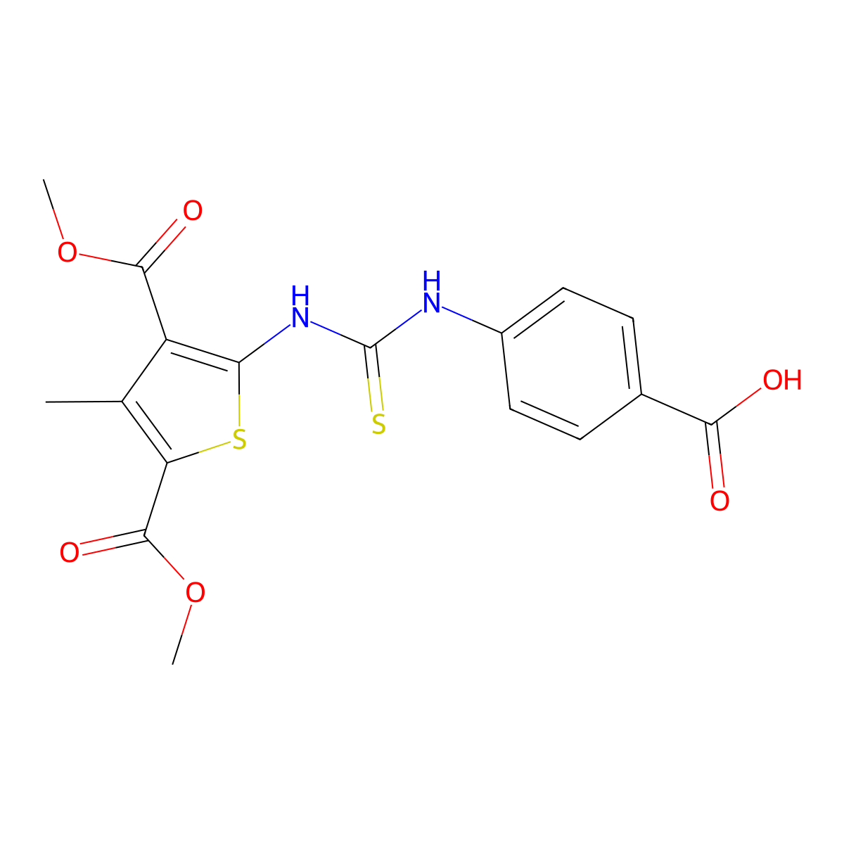 4-({[3,5-Bis(methoxycarbonyl)-4-methylthiophen-2-yl]carbamothioyl}amino)benzoic acid molecular structure, CAS 774192-15-3