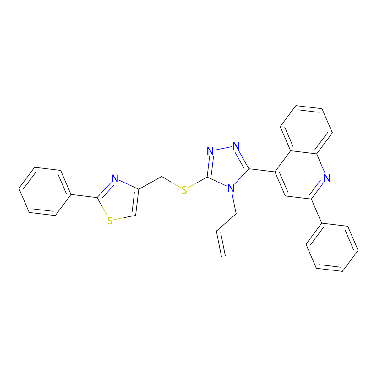 2-phenyl-4-[5-{[(2-phenyl-1,3-thiazol-4-yl)methyl]sulfanyl}-4-(prop-2-en-1-yl)-4H-1,2,4-triazol-3-yl]quinoline molecular structure, CAS 774192-77-7