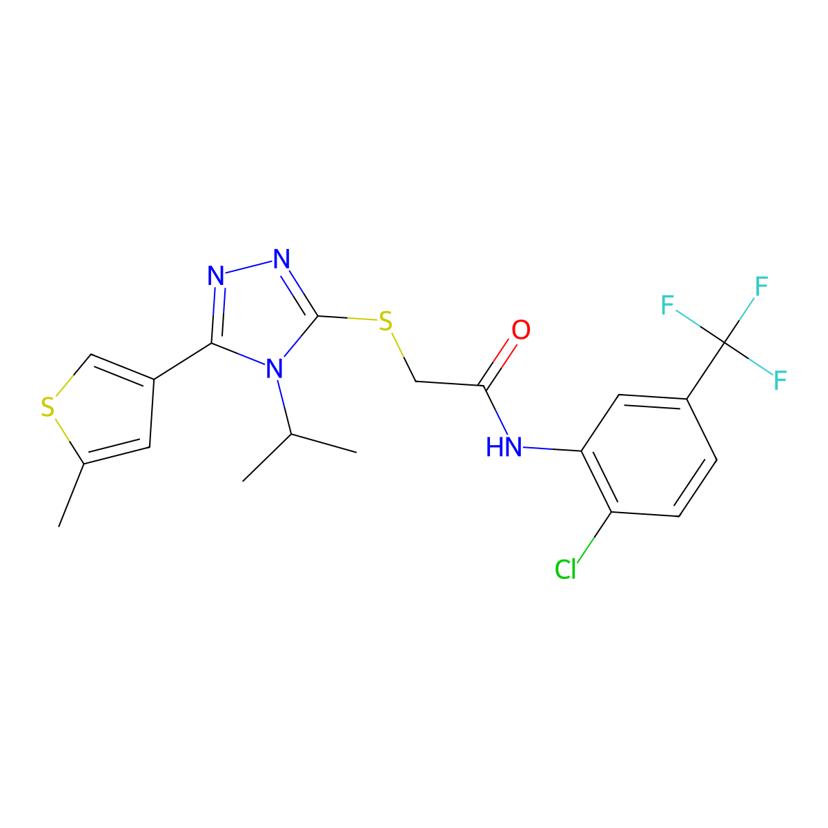 N-[2-chloro-5-(trifluoromethyl)phenyl]-2-{[5-(5-methylthiophen-3-yl)-4-(propan-2-yl)-4H-1,2,4-triazol-3-yl]sulfanyl}acetamide molecular structure, CAS 774193-58-7