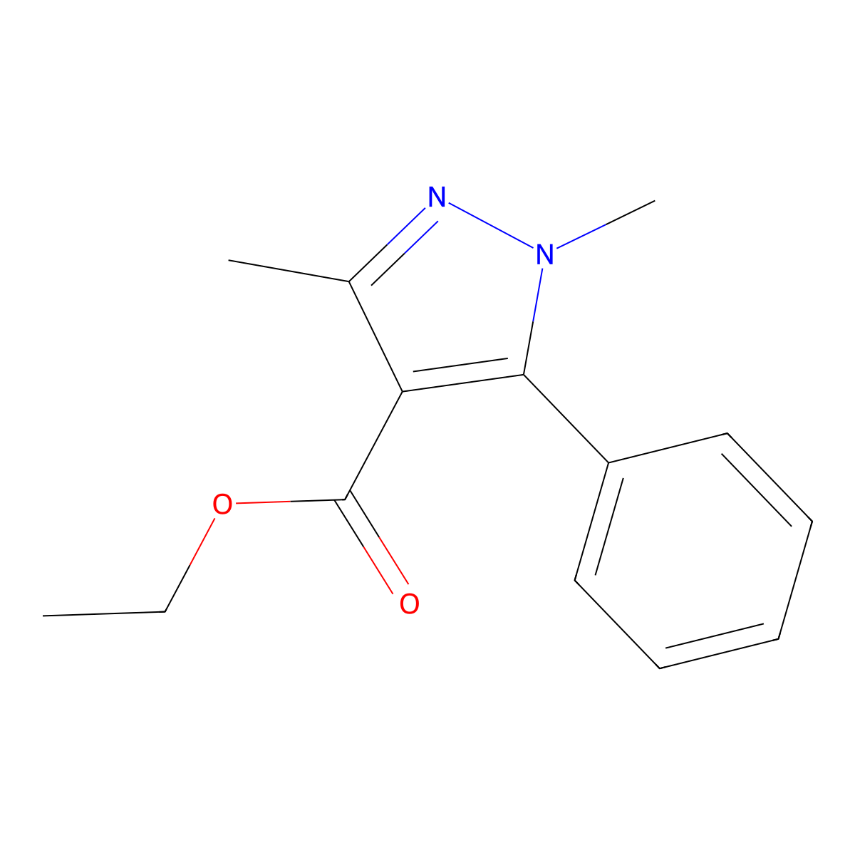 Ethyl 1,3-dimethyl-5-phenyl-1H-pyrazole-4-carboxylate molecular structure, CAS 77435-42-8