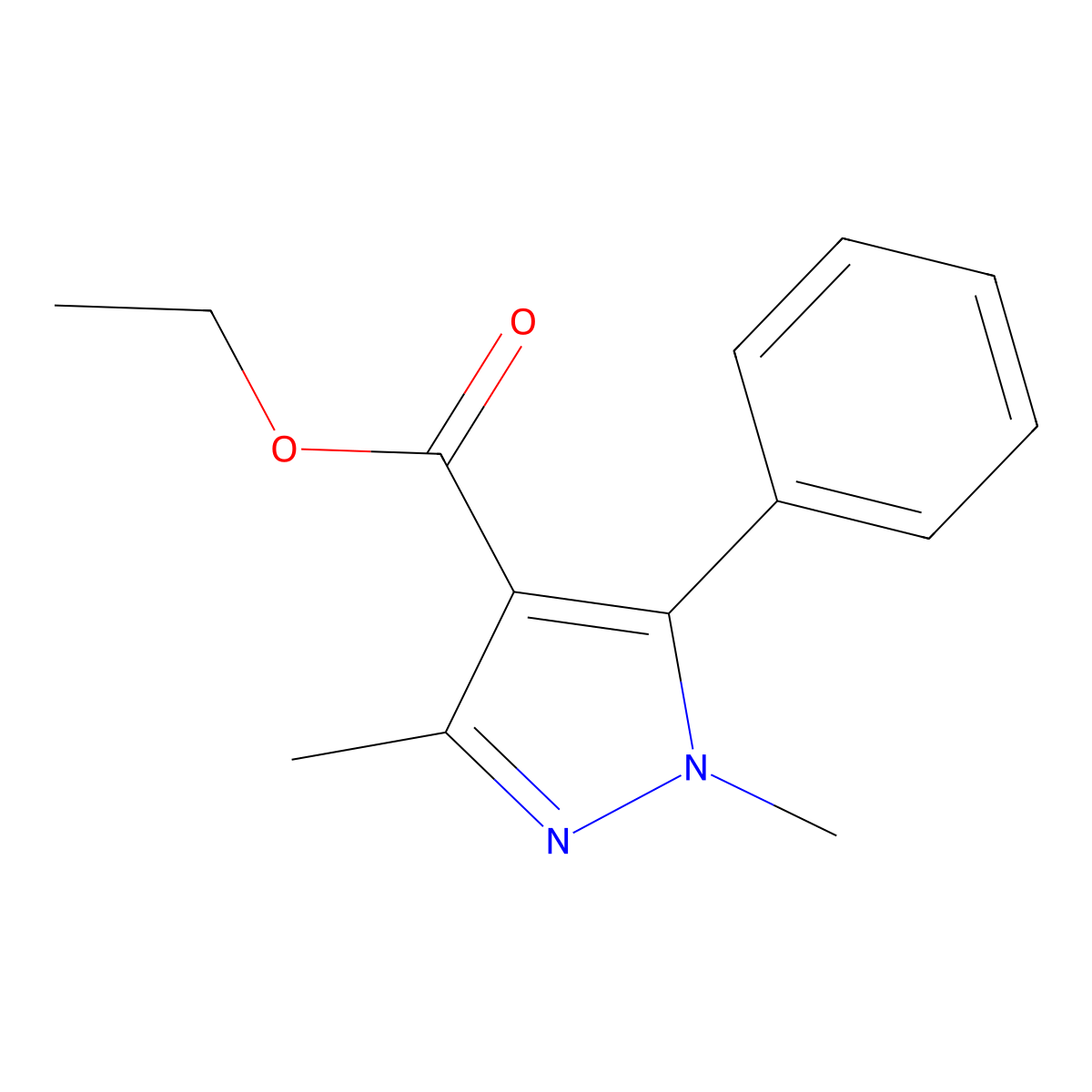 Ethyl 1,3-dimethyl-5-phenyl-1H-pyrazole-4-carboxylate molecular structure, CAS 77435-42-8