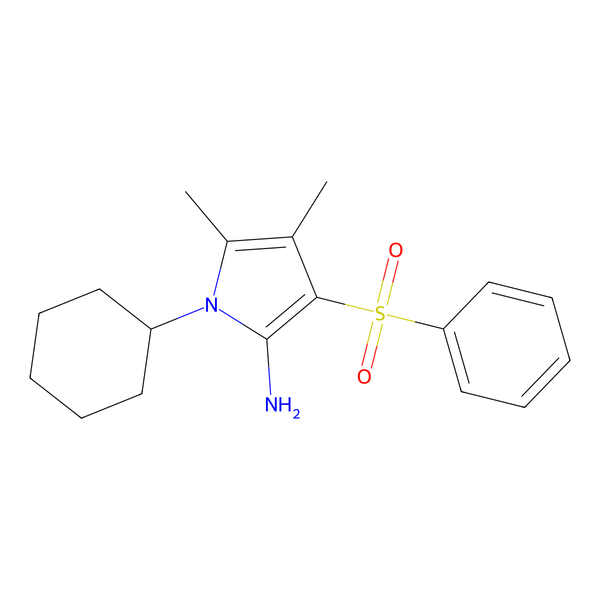 1-cyclohexyl-4,5-dimethyl-3-(phenylsulfonyl)-1H-pyrrol-2-ylamine molecular structure, CAS 77444-94-1