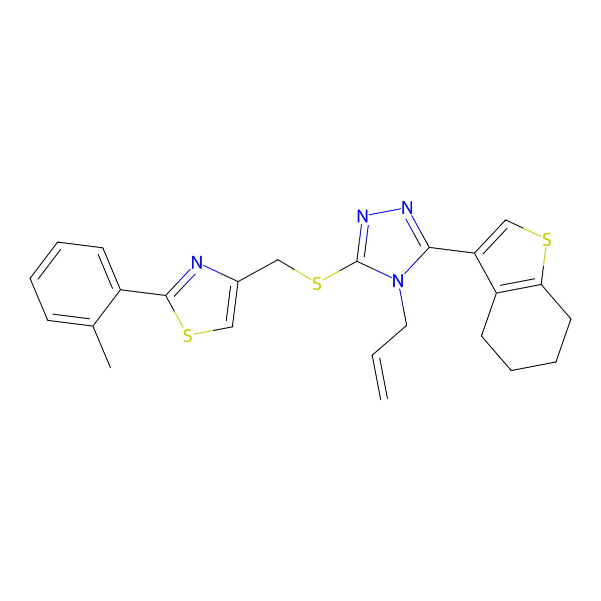 3-({[2-(2-methylphenyl)-1,3-thiazol-4-yl]methyl}sulfanyl)-4-(prop-2-en-1-yl)-5-(4,5,6,7-tetrahydro-1-benzothiophen-3-yl)-4H-1,2,4-triazole molecular structure, CAS 774545-73-2
