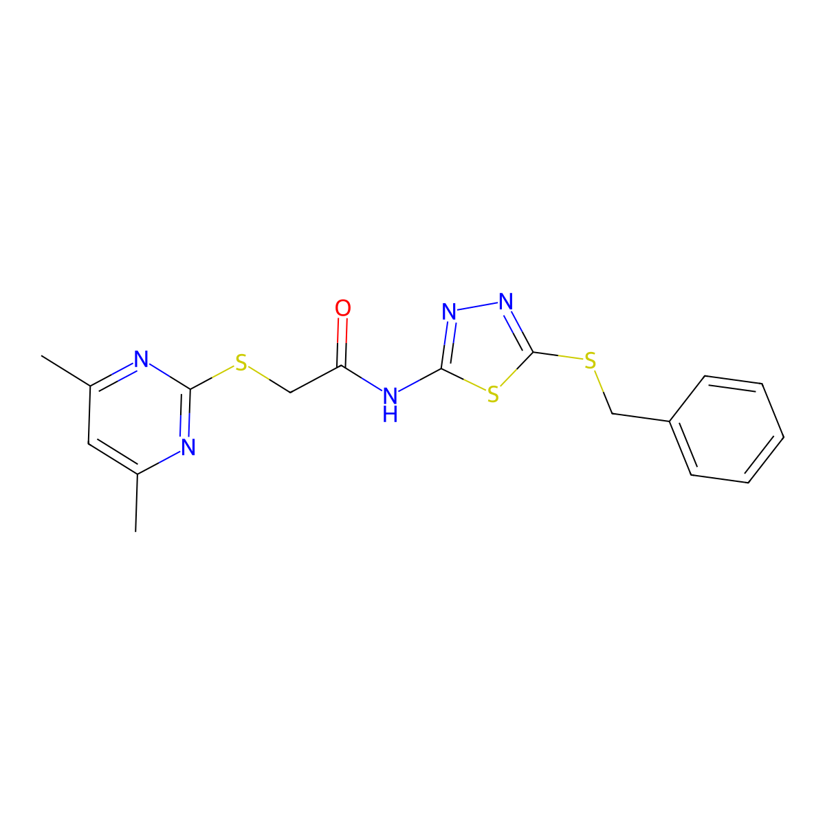 N-(5-benzylsulfanyl-1,3,4-thiadiazol-2-yl)-2-(4,6-dimethylpyrimidin-2-yl)sulfanylacetamide molecular structure, CAS 774546-06-4