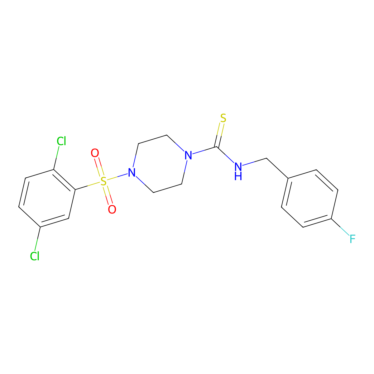 4-(2,5-dichlorophenyl)sulfonyl-N-[(4-fluorophenyl)methyl]piperazine-1-carbothioamide molecular structure, CAS 774546-30-4
