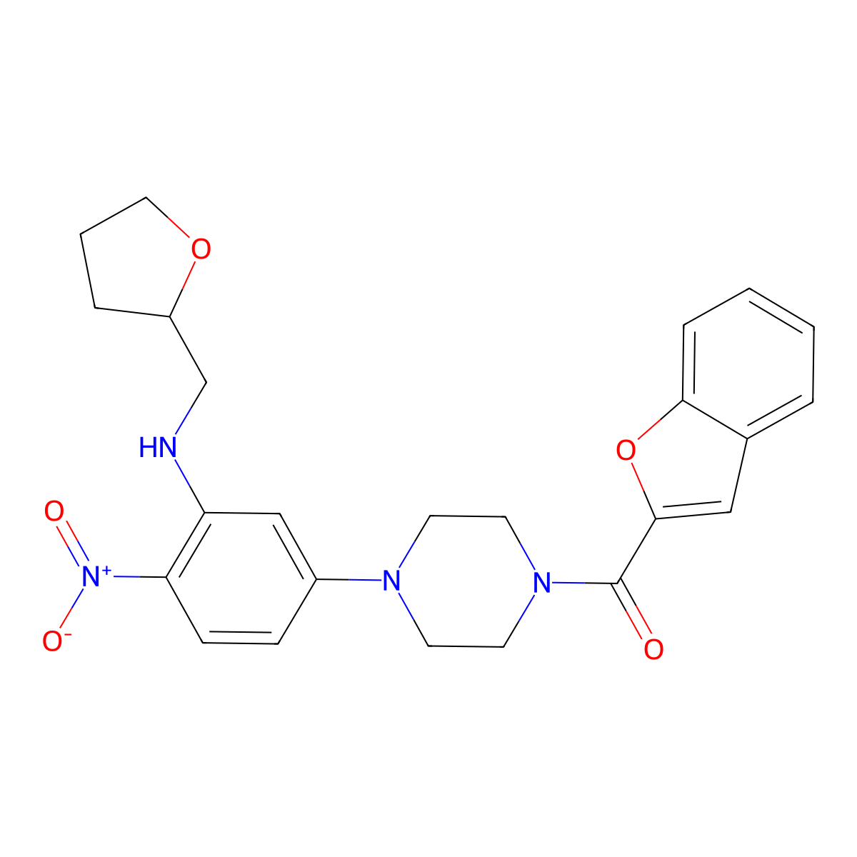 1-Benzofuran-2-yl-[4-[4-nitro-3-(oxolan-2-ylmethylamino)phenyl]piperazin-1-yl]methanone molecular structure, CAS 774550-90-2