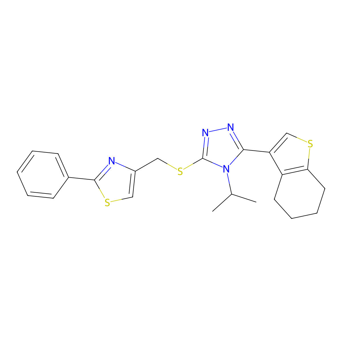 3-{[(2-phenyl-1,3-thiazol-4-yl)methyl]sulfanyl}-4-(propan-2-yl)-5-(4,5,6,7-tetrahydro-1-benzothiophen-3-yl)-4H-1,2,4-triazole molecular structure, CAS 774551-55-2