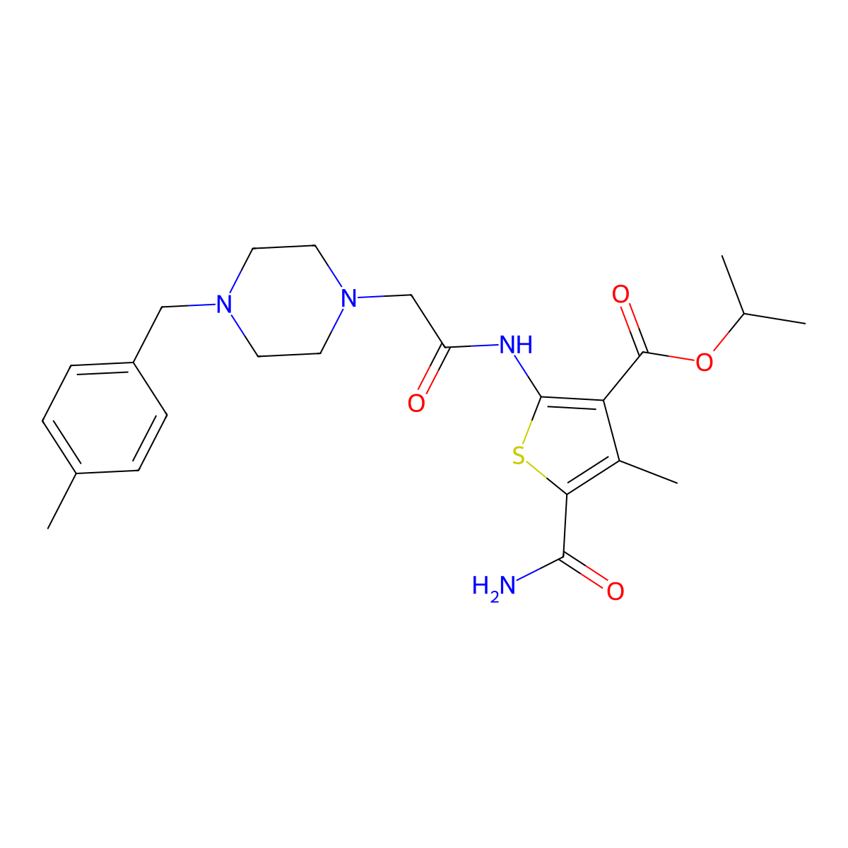 Propan-2-yl 5-carbamoyl-4-methyl-2-({[4-(4-methylbenzyl)piperazin-1-yl]acetyl}amino)thiophene-3-carboxylate molecular structure, CAS 774557-45-8