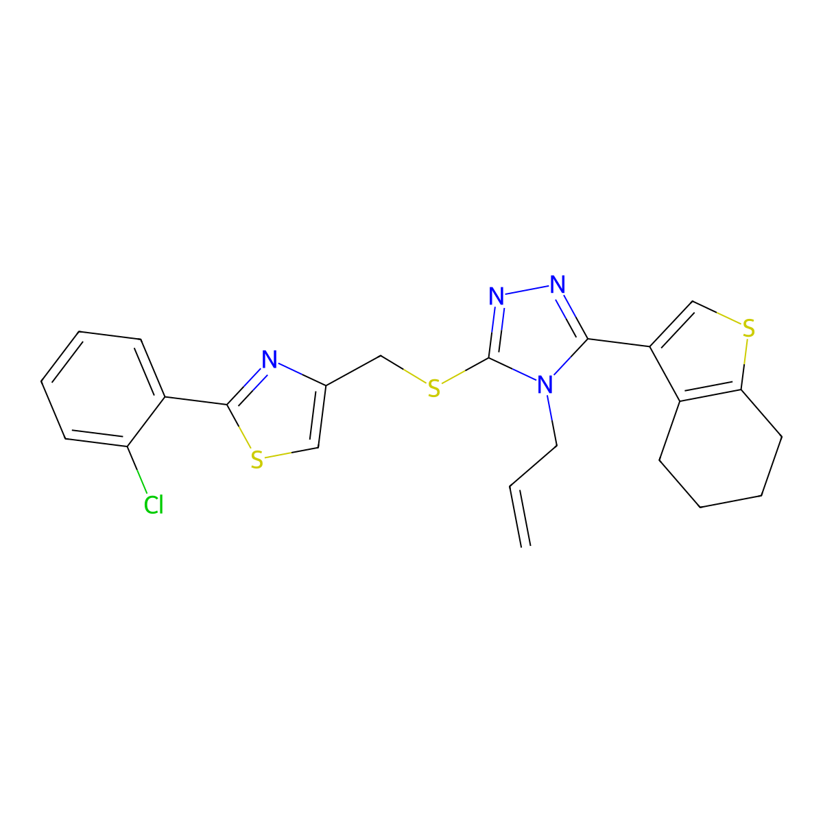 3-({[2-(2-chlorophenyl)-1,3-thiazol-4-yl]methyl}sulfanyl)-4-(prop-2-en-1-yl)-5-(4,5,6,7-tetrahydro-1-benzothiophen-3-yl)-4H-1,2,4-triazole molecular structure, CAS 774557-51-6