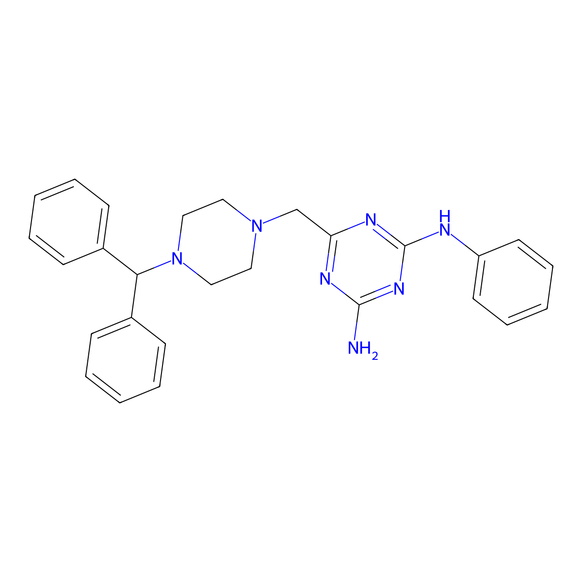 6-{[4-(diphenylmethyl)piperazin-1-yl]methyl}-N-phenyl-1,3,5-triazine-2,4-diamine molecular structure, CAS 774559-51-2