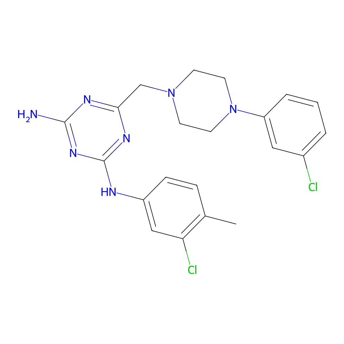 N-(3-chloro-4-methylphenyl)-6-((4-(3-chlorophenyl)-1-piperazinyl)methyl)-1,3,5-triazine-2,4-diamine molecular structure, CAS 774559-66-9