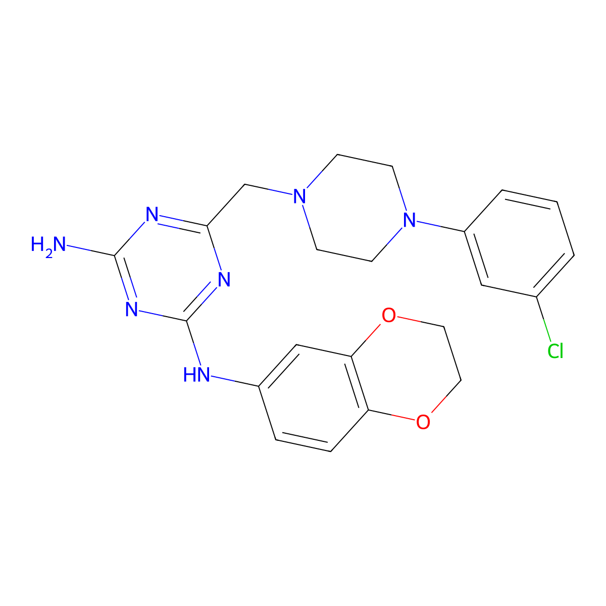 6-{[4-(3-chlorophenyl)piperazin-1-yl]methyl}-N-(2,3-dihydro-1,4-benzodioxin-6-yl)-1,3,5-triazine-2,4-diamine molecular structure, CAS 774559-68-1