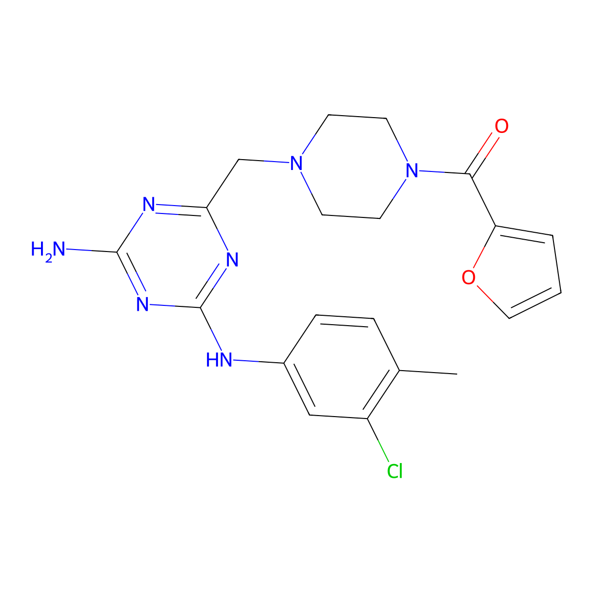 (4-{[4-Amino-6-(3-chloro-4-methylanilino)-1,3,5-triazin-2-yl]methyl}piperazino)(2-furyl)methanone molecular structure, CAS 774559-73-8