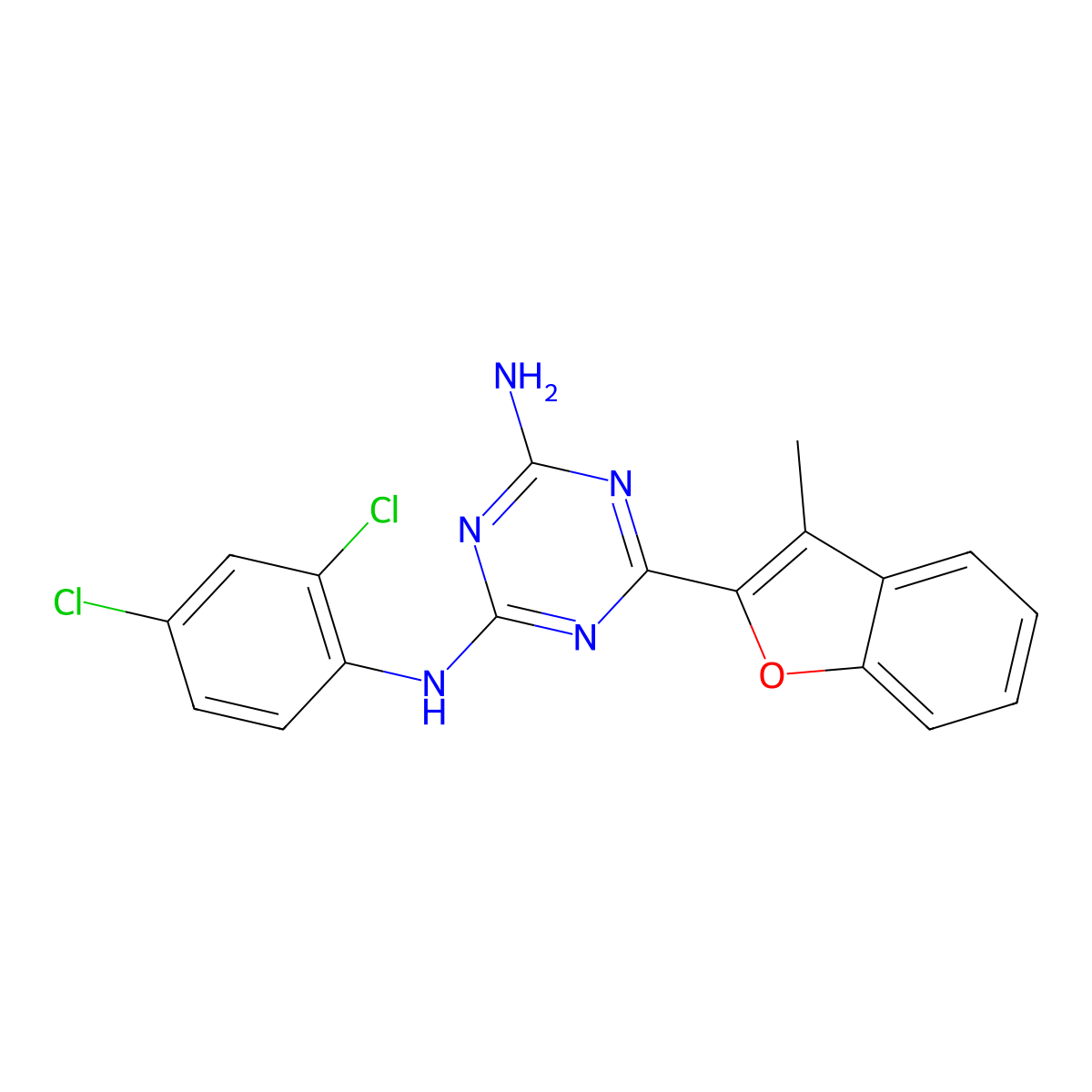 N-(2,4-dichlorophenyl)-6-(3-methyl-1-benzofuran-2-yl)-1,3,5-triazine-2,4-diamine molecular structure, CAS 774560-13-3