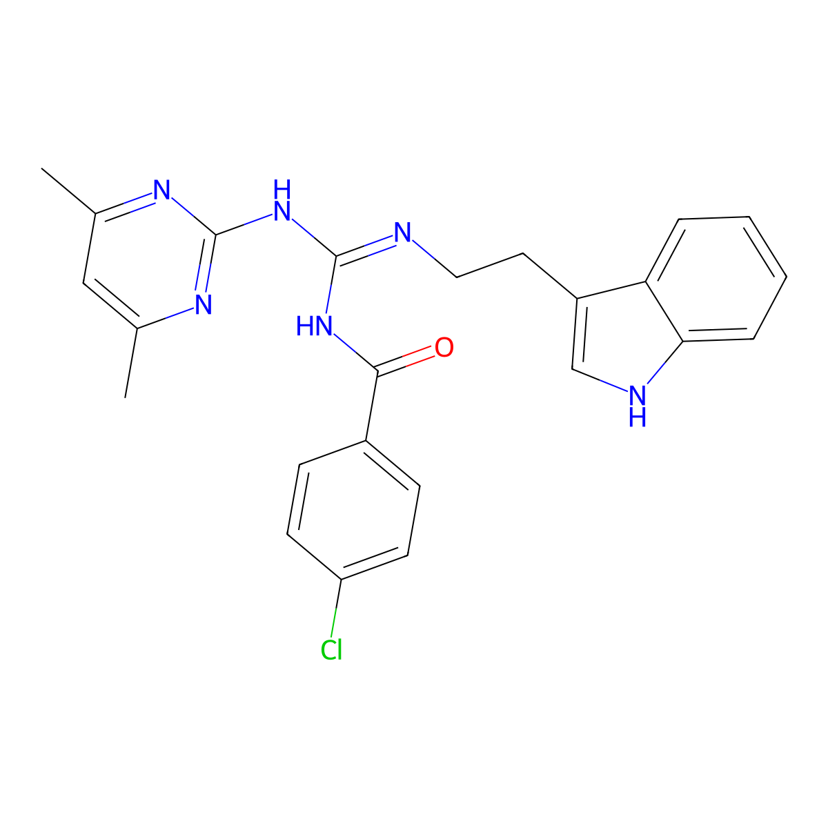 4-chloro-N-[(Z)-[(4,6-dimethylpyrimidin-2-yl)amino]{[2-(1H-indol-3-yl)ethyl]amino}methylidene]benzamide molecular structure, CAS 774560-16-6