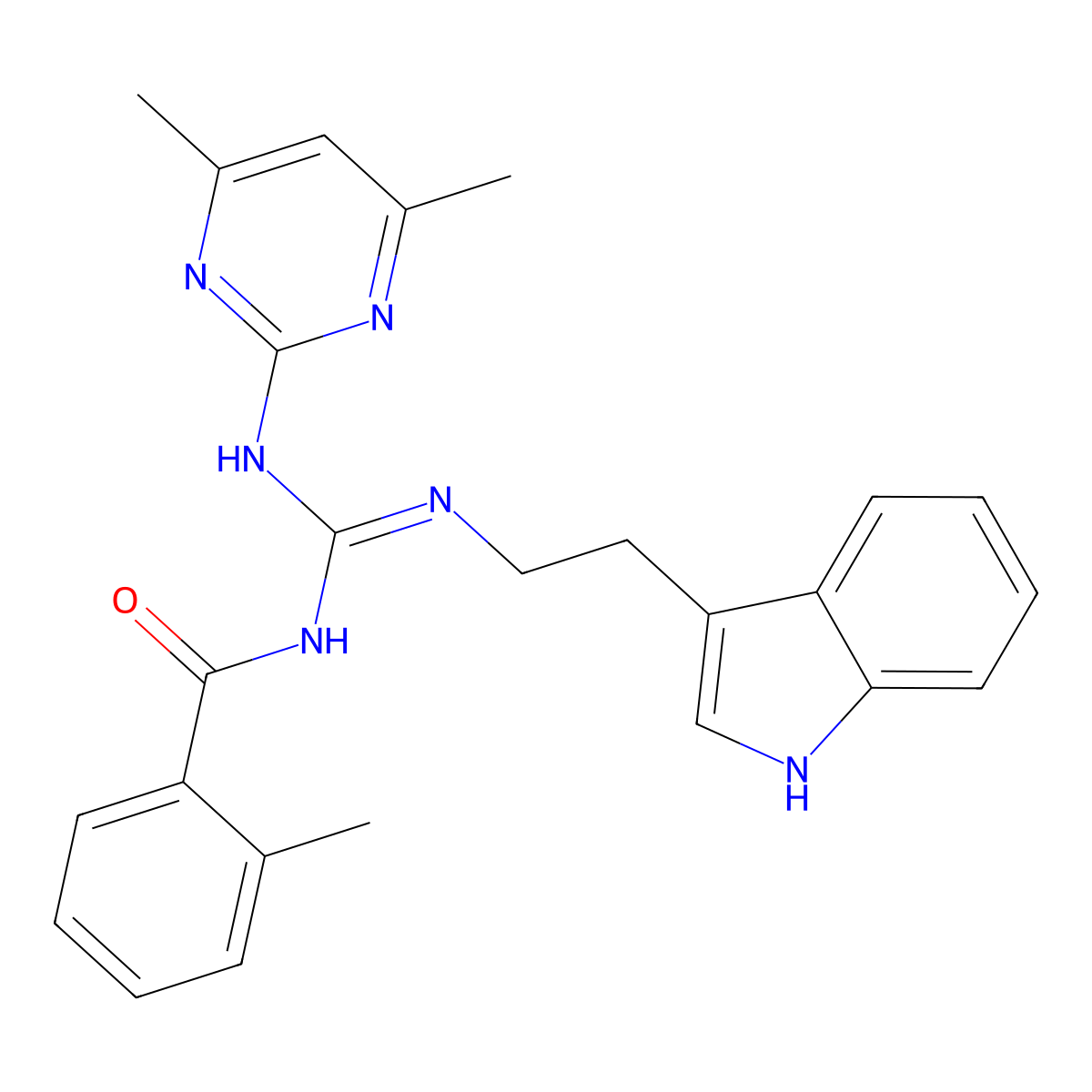 N-[(Z)-[(4,6-dimethylpyrimidin-2-yl)amino]{[2-(1H-indol-3-yl)ethyl]amino}methylidene]-2-methylbenzamide molecular structure, CAS 774560-17-7