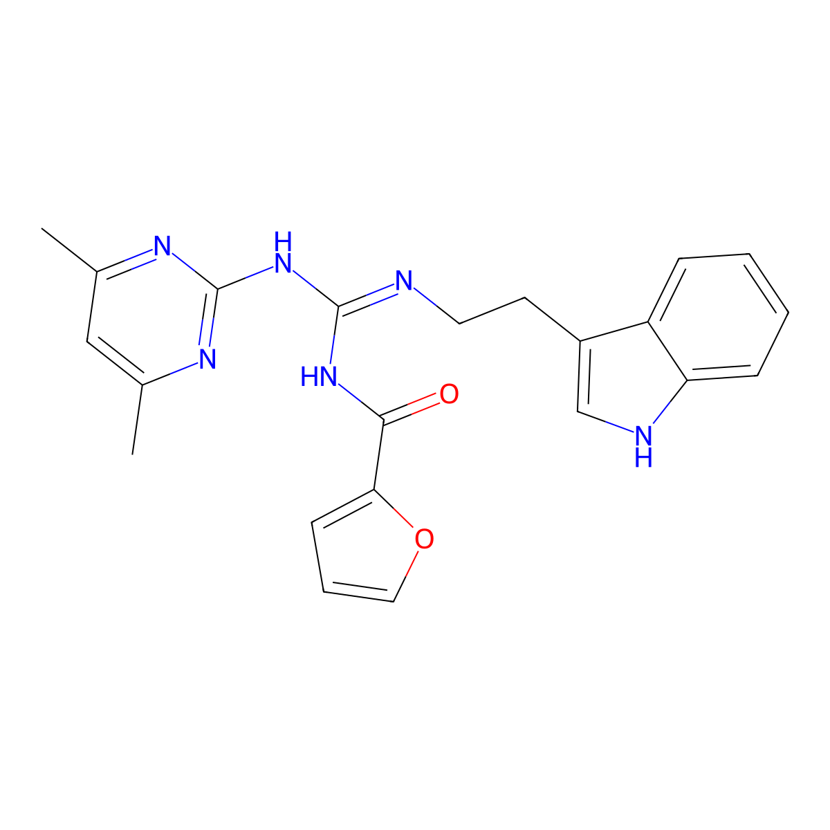 N-{N'-(4,6-dimethylpyrimidin-2-yl)-N-[2-(1H-indol-3-yl)ethyl]carbamimidoyl}furan-2-carboxamide molecular structure, CAS 774560-20-2