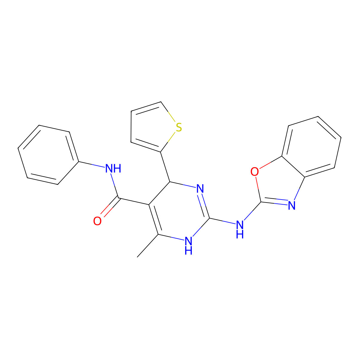 2-(1,3-benzoxazol-2-ylamino)-6-methyl-N-phenyl-4-(thiophen-2-yl)-1,4-dihydropyrimidine-5-carboxamide molecular structure, CAS 774560-46-2