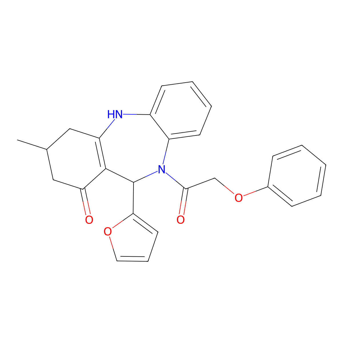 11-(furan-2-yl)-3-methyl-10-(phenoxyacetyl)-2,3,4,5,10,11-hexahydro-1H-dibenzo[b,e][1,4]diazepin-1-one molecular structure, CAS 774560-98-4