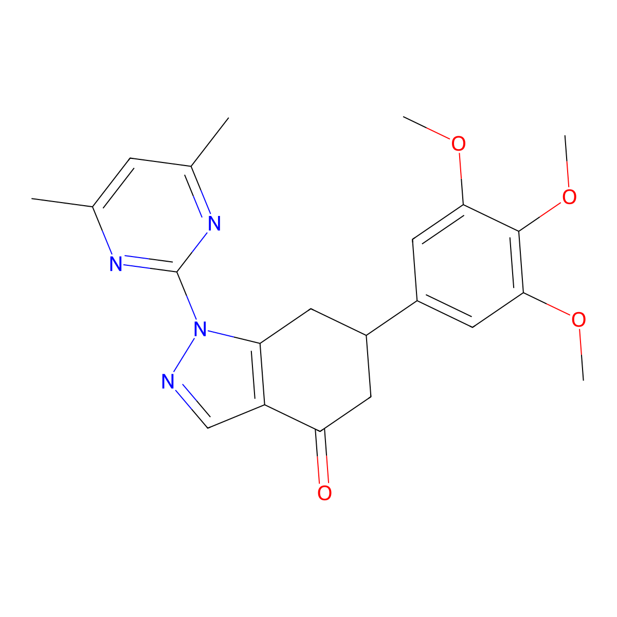 1-(4,6-dimethylpyrimidin-2-yl)-6-(3,4,5-trimethoxyphenyl)-1,5,6,7-tetrahydro-4H-indazol-4-one molecular structure, CAS 774561-09-0